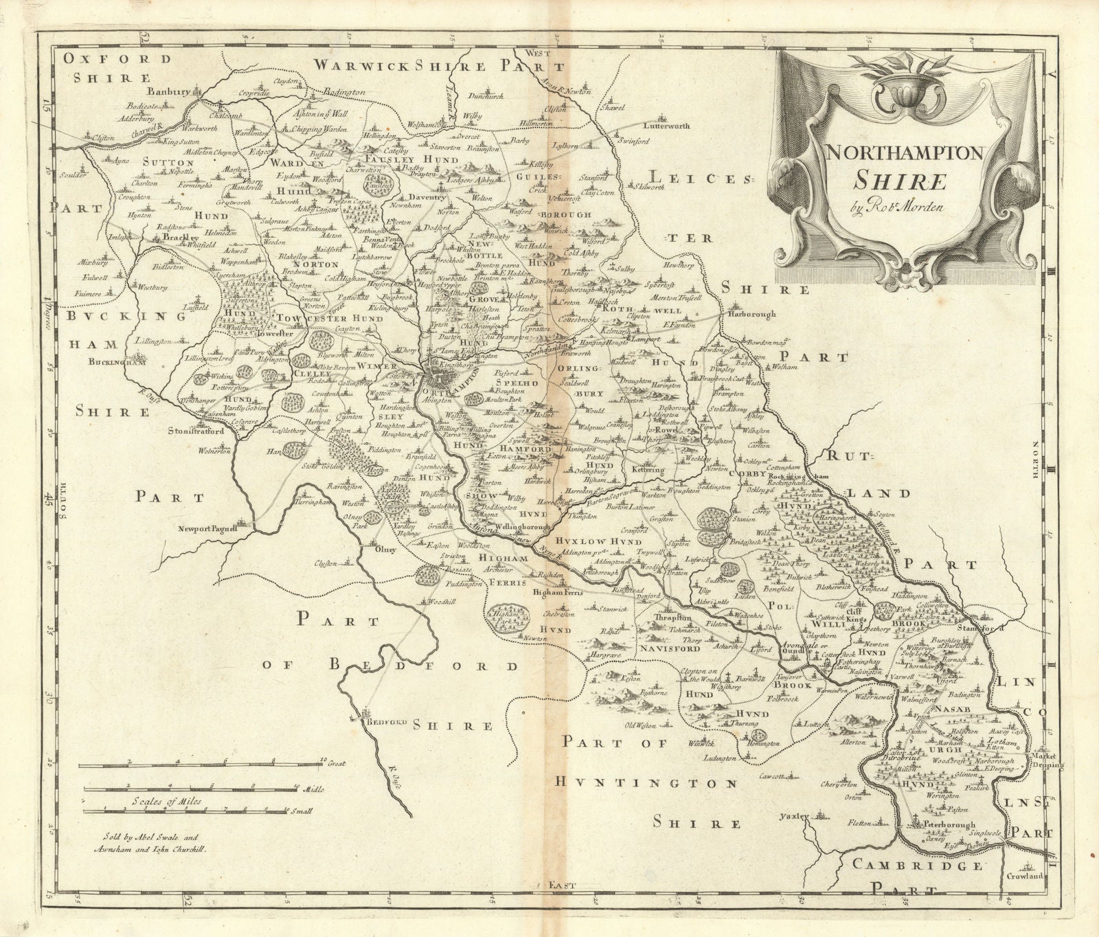 NORTHAMPTONSHIRE by ROBERT MORDEN from Camden's Britannia 1695 old antique map